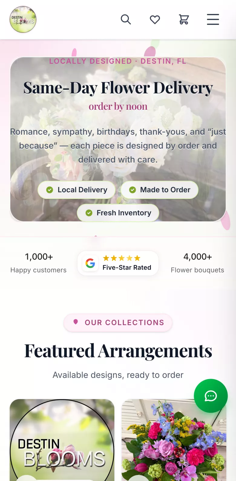 Destin Blooms website, mobile view