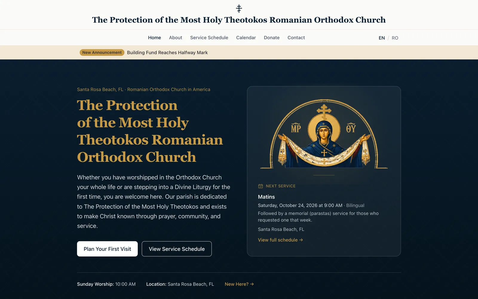 Protection of the Theotokos Romanian Orthodox Church website, desktop view