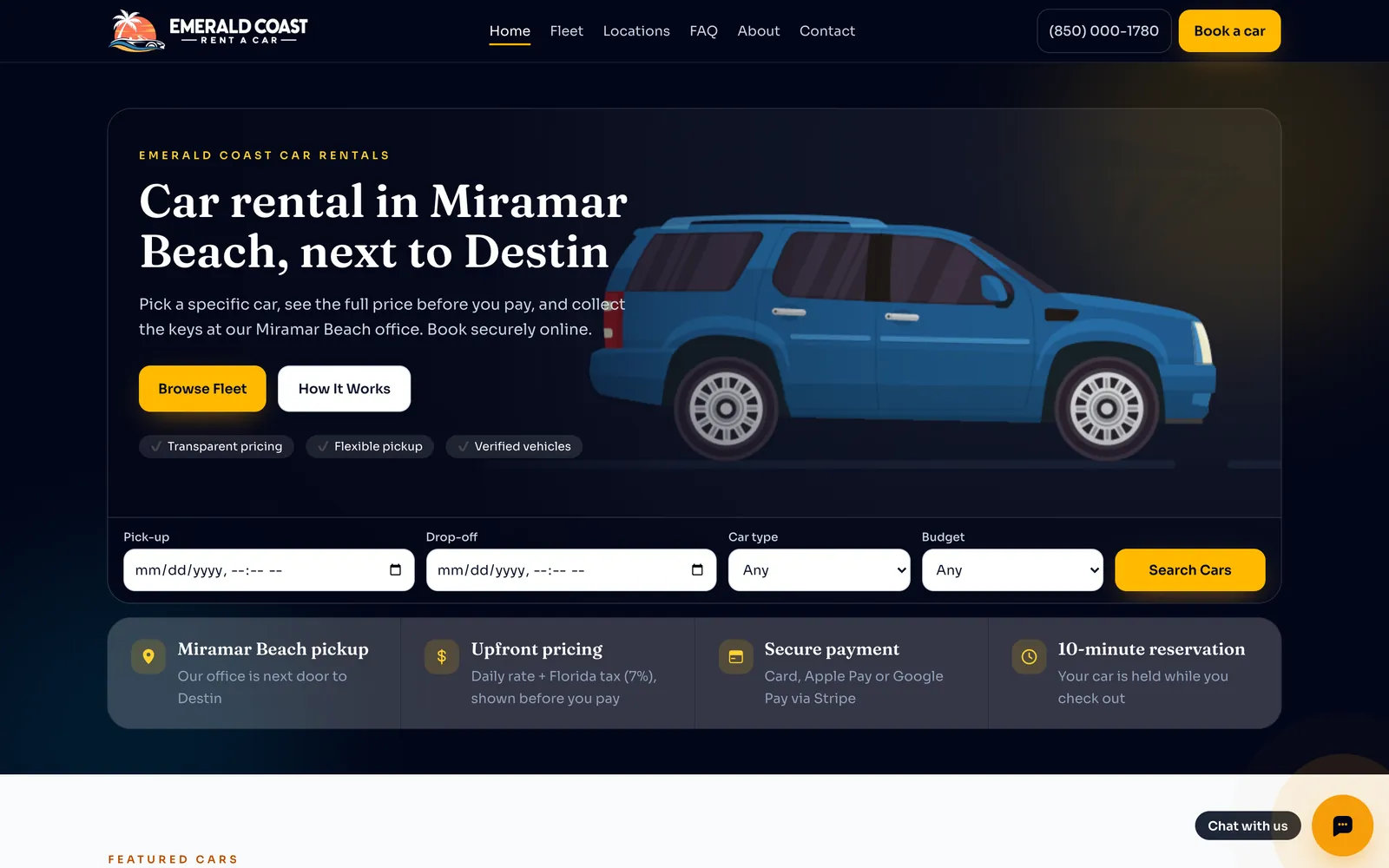 Emerald Coast Rent a Car website, desktop view