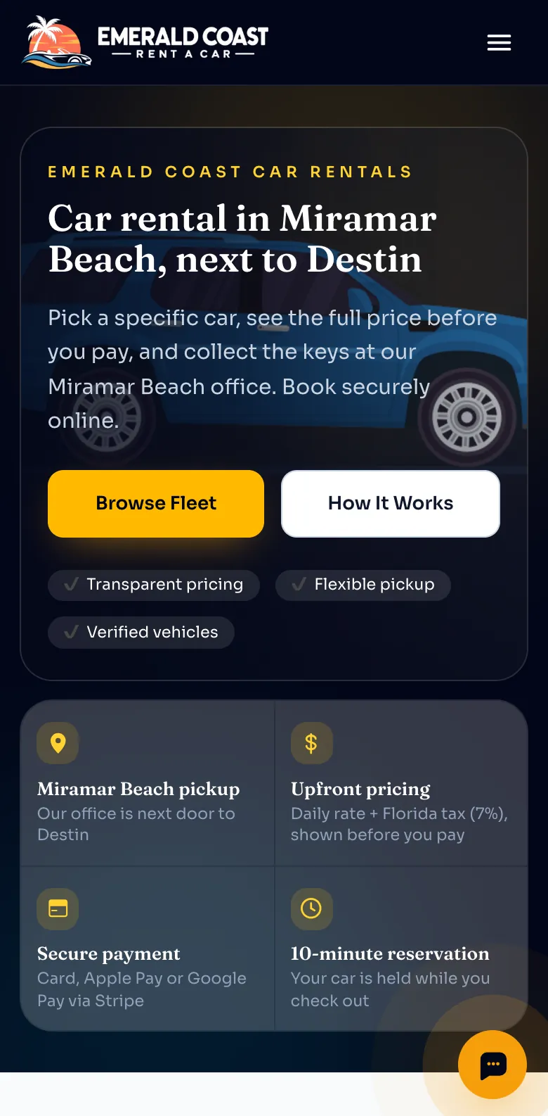 Emerald Coast Rent a Car website, mobile view